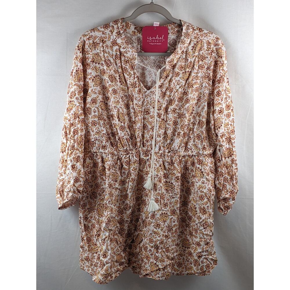 3/4 Sleeve Peasant Woven Maternity Blouse Ingrid & Isabel Floral Career‎ Tie XS